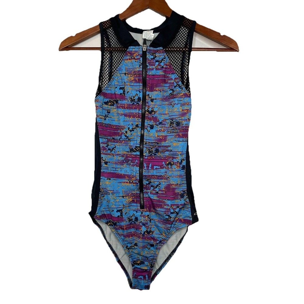 Oakley Women's Small One Piece High Neck Swim Suit Surf Blue Mesh